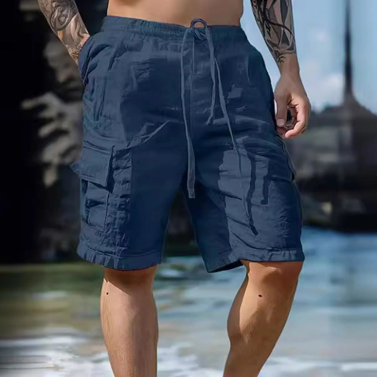 Luchtige linnen herenshorts met wijde pijpen en koordsluiting
