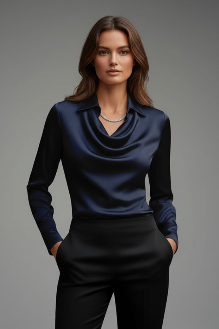 Laurine | Satijnen damesblouse met gedrapeerde kraag