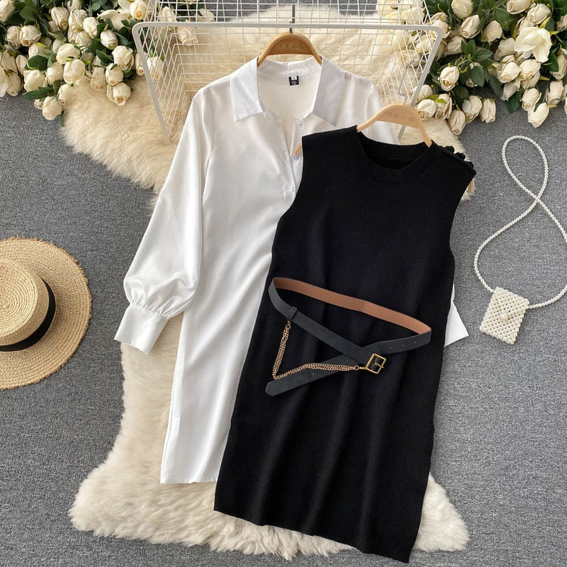 Lantaarnmouw blouse & gebreide vest – tweedelige set
