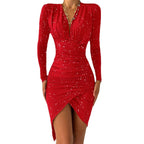 V-Hals geraffineerde bodycon jurk – nieuwjaarsfeestjurk – asymmetrische mini