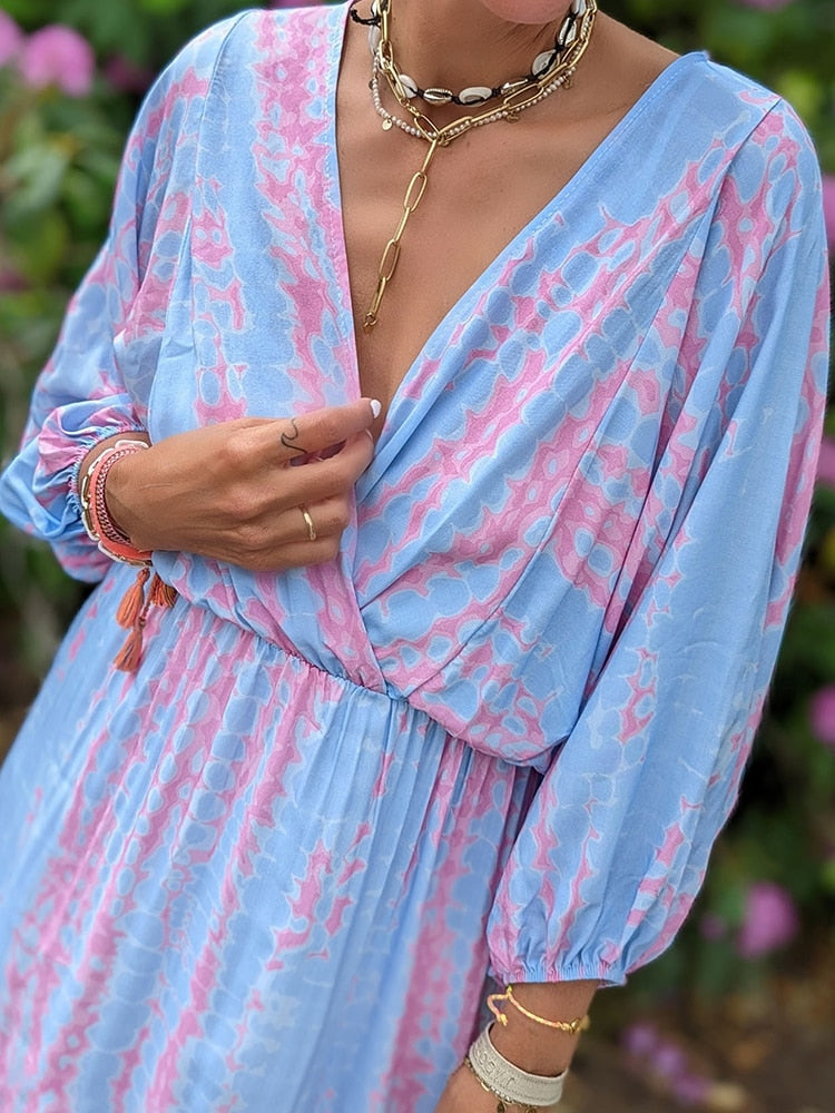 Geometrische print boho puff mouw V-Hals jurk | strandvakantie kleding – materiaal: Polyester — afbeelding 2