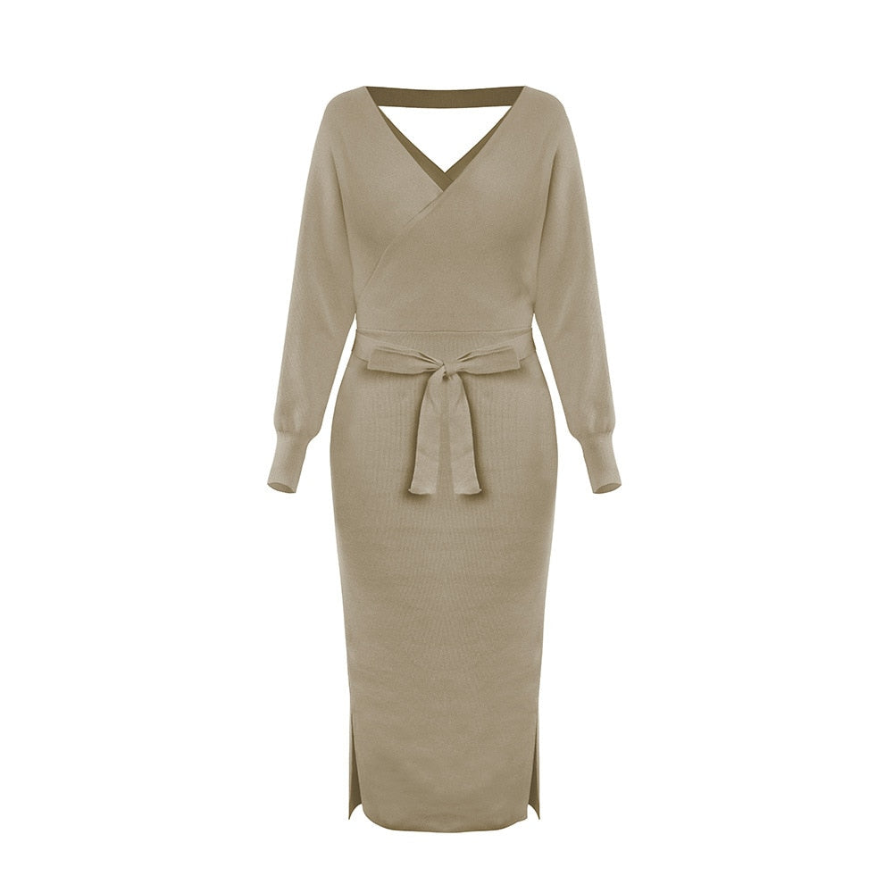 Gebreide V-Hals jurk – slim fit wol mode