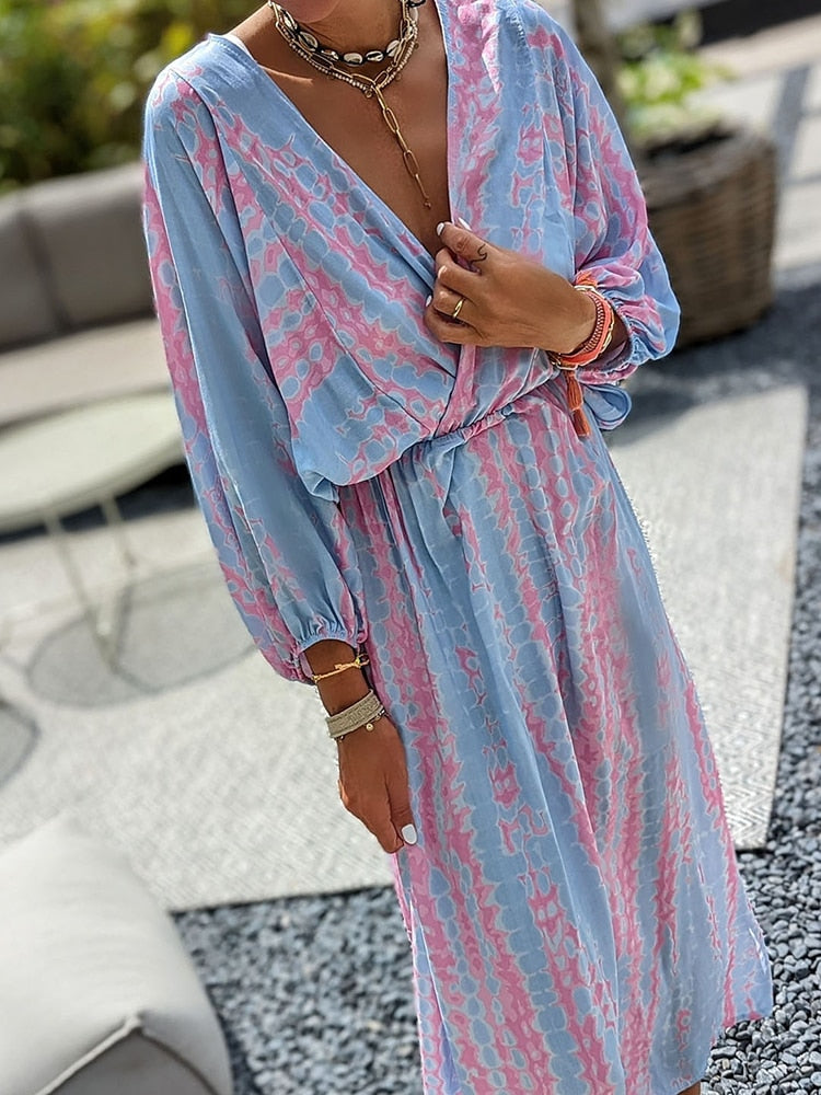 Geometrische print boho puff mouw V-Hals jurk – strandvakantie kleding
