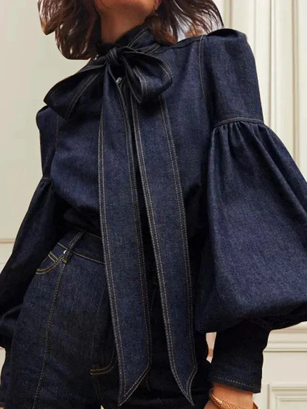 Dames denimblouse met pofmouwen