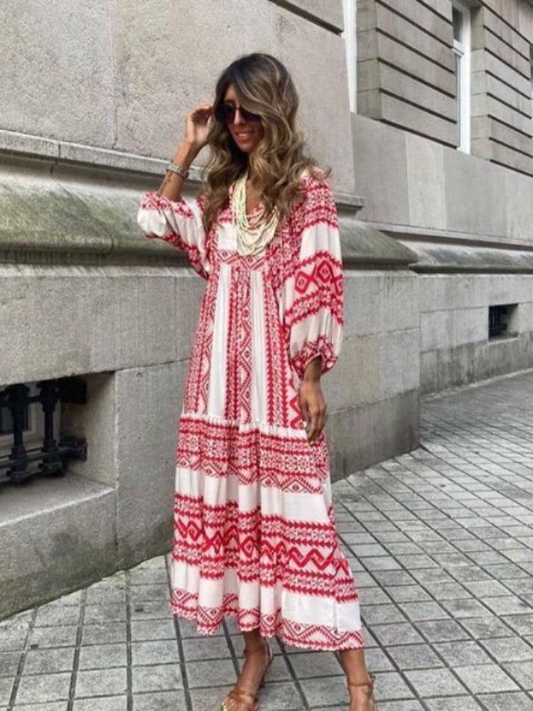 Bedrukte maxi jurk met tailleband