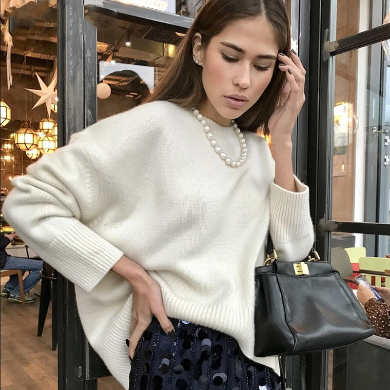 Oversized acryl damestrui WYWM met ronde hals