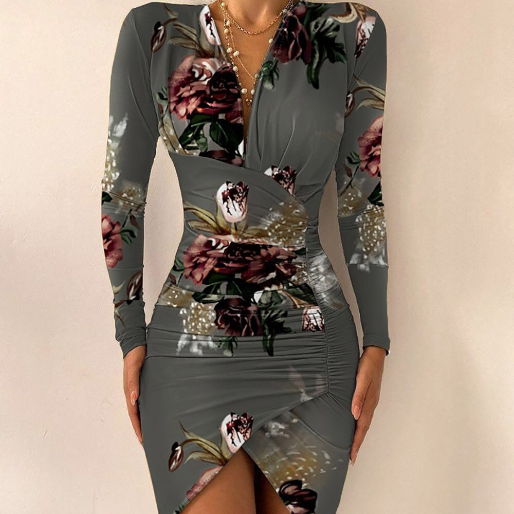 V-Hals geraffineerde bodycon jurk – nieuwjaarsfeestjurk – asymmetrische mini