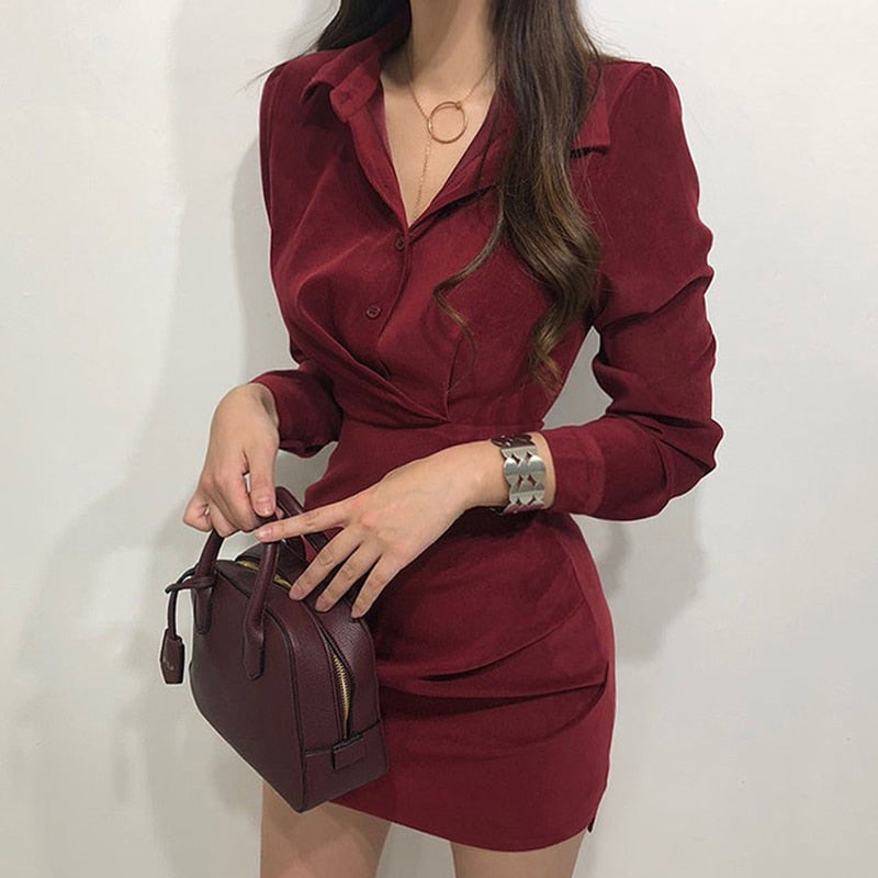 Turn down kraag enkele borst bandjurk – hoge taille plooi bodycon