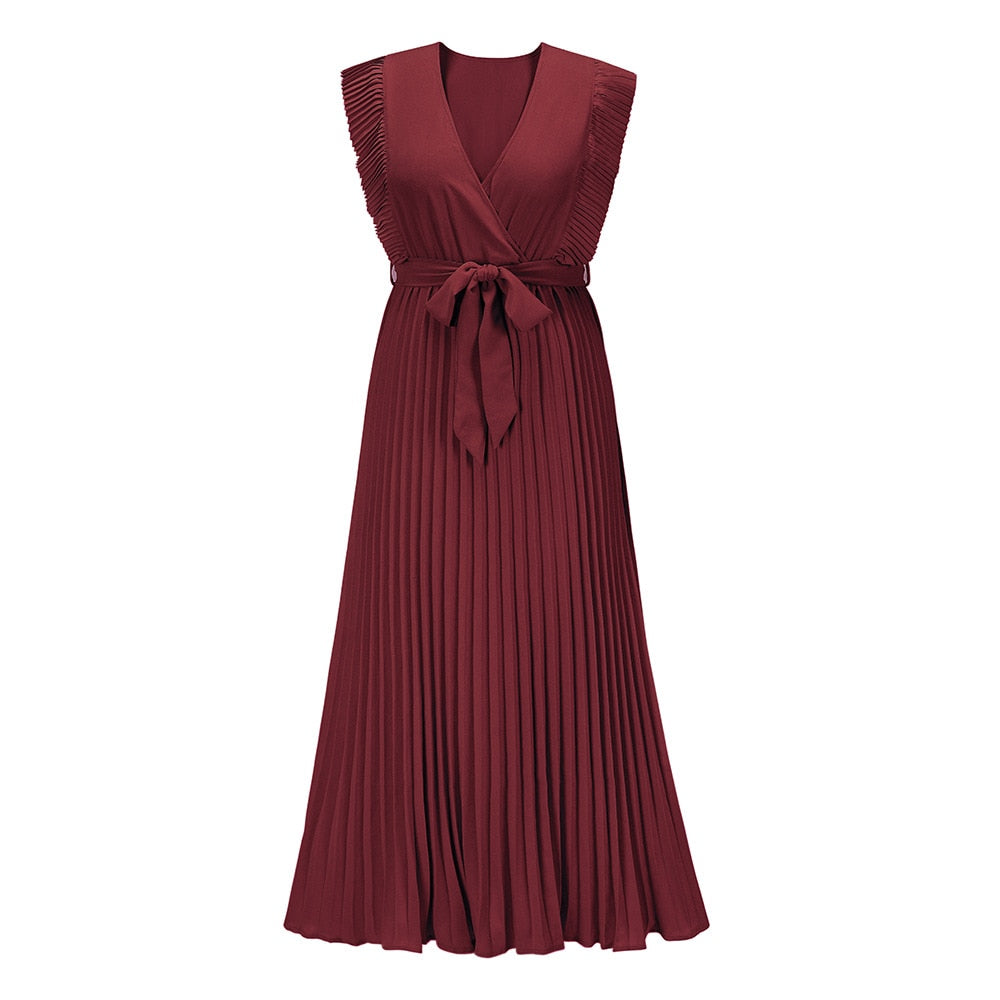 Mouwloze V-Hals zomerjurk – geplooide chiffon maxi met riem