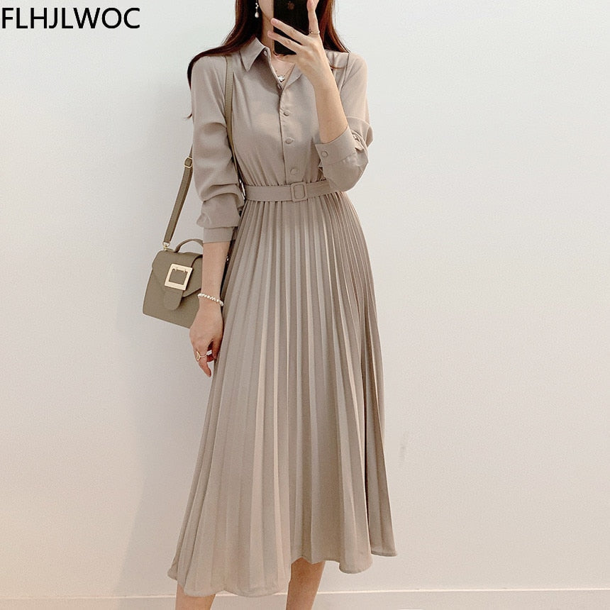 Hoge taille geplooide maxi jurk – lange mouwen met riem