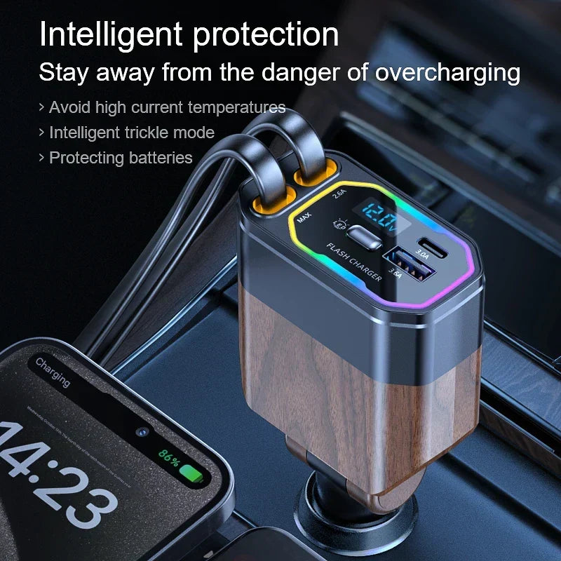 120W 4-in-1 opvouwbare auto oplader met USB-C & sigarettenaansteker adapter