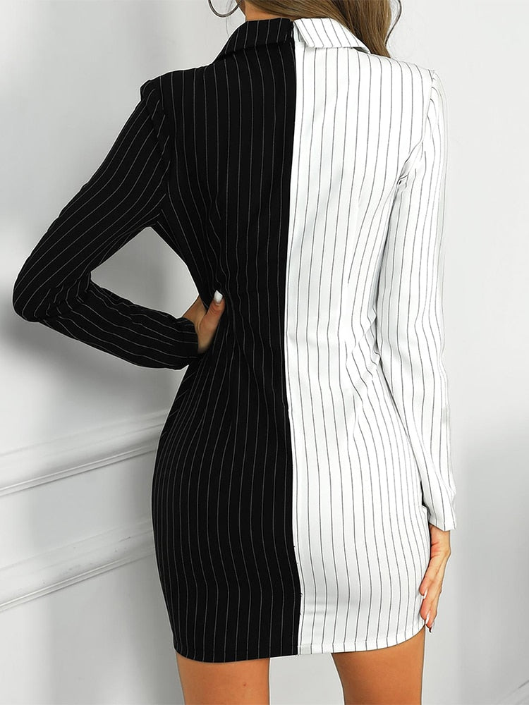 Patchwork gestreepte blazer jurk – kantoor dame mini jurk