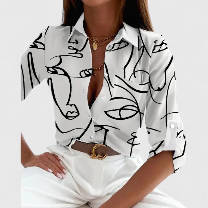 Anni | Bedrukte blouse met lange mouwen en reverskraag