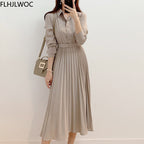 Hoge taille geplooide maxi jurk – lange mouwen met riem