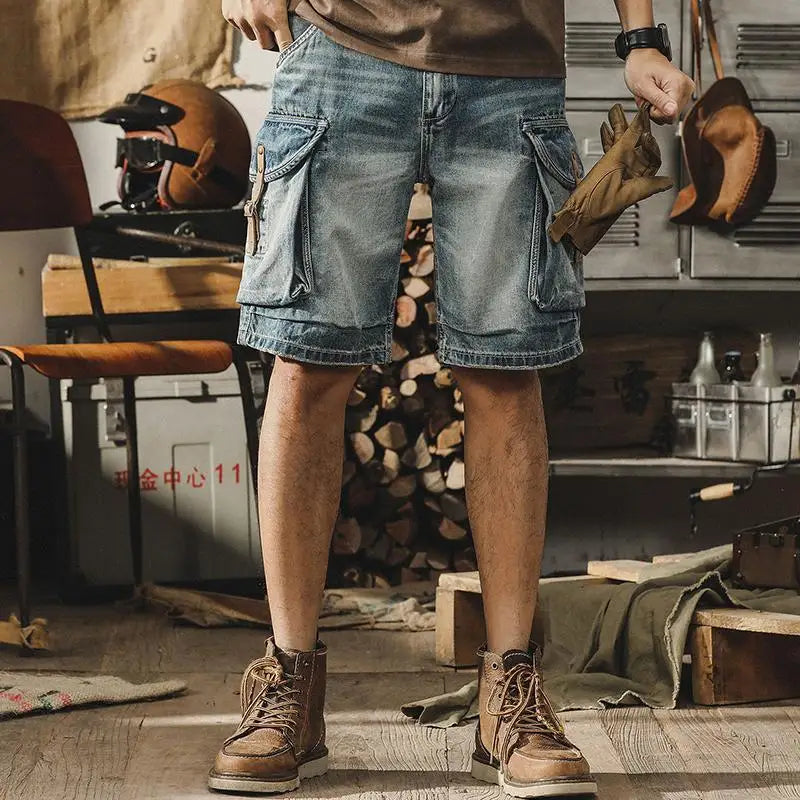 Heren denim-cargo-bermuda in retro motorstijl