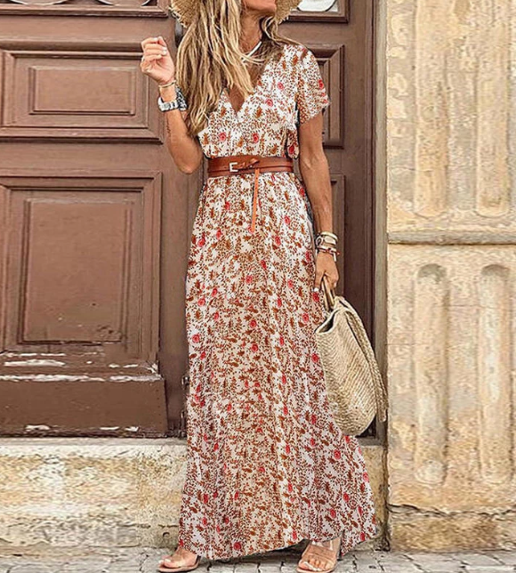 Boho-maxijurk met V-hals en korte mouwen