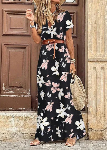 Boho-maxijurk met V-hals en korte mouwen