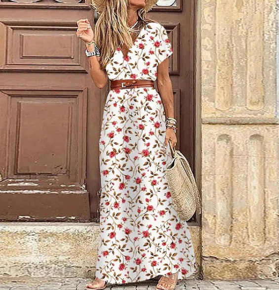 Boho-maxijurk met V-hals en korte mouwen