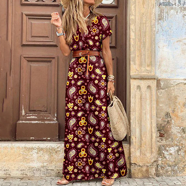 Boho-maxijurk met V-hals en korte mouwen