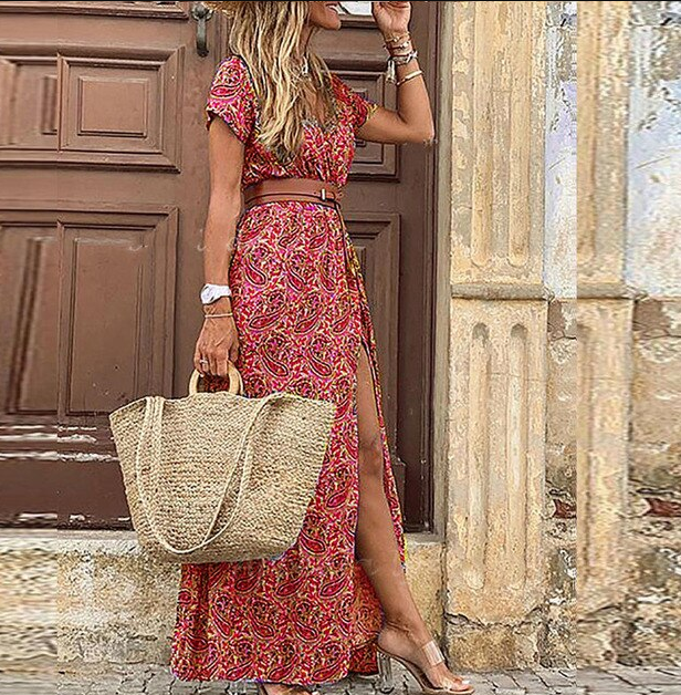 Boho-maxijurk met V-hals en korte mouwen