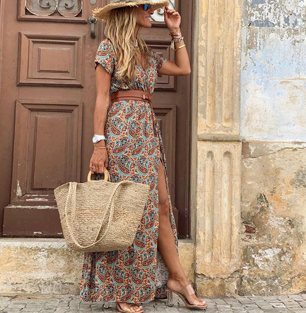 Boho-maxijurk met V-hals en korte mouwen