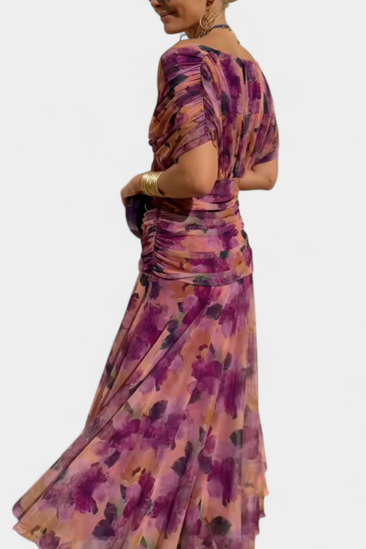 Femme | Offshoulderjurk met plooien en bloemendetails