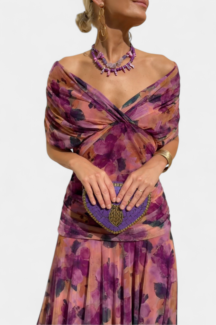 Femme | Offshoulderjurk met plooien en bloemendetails