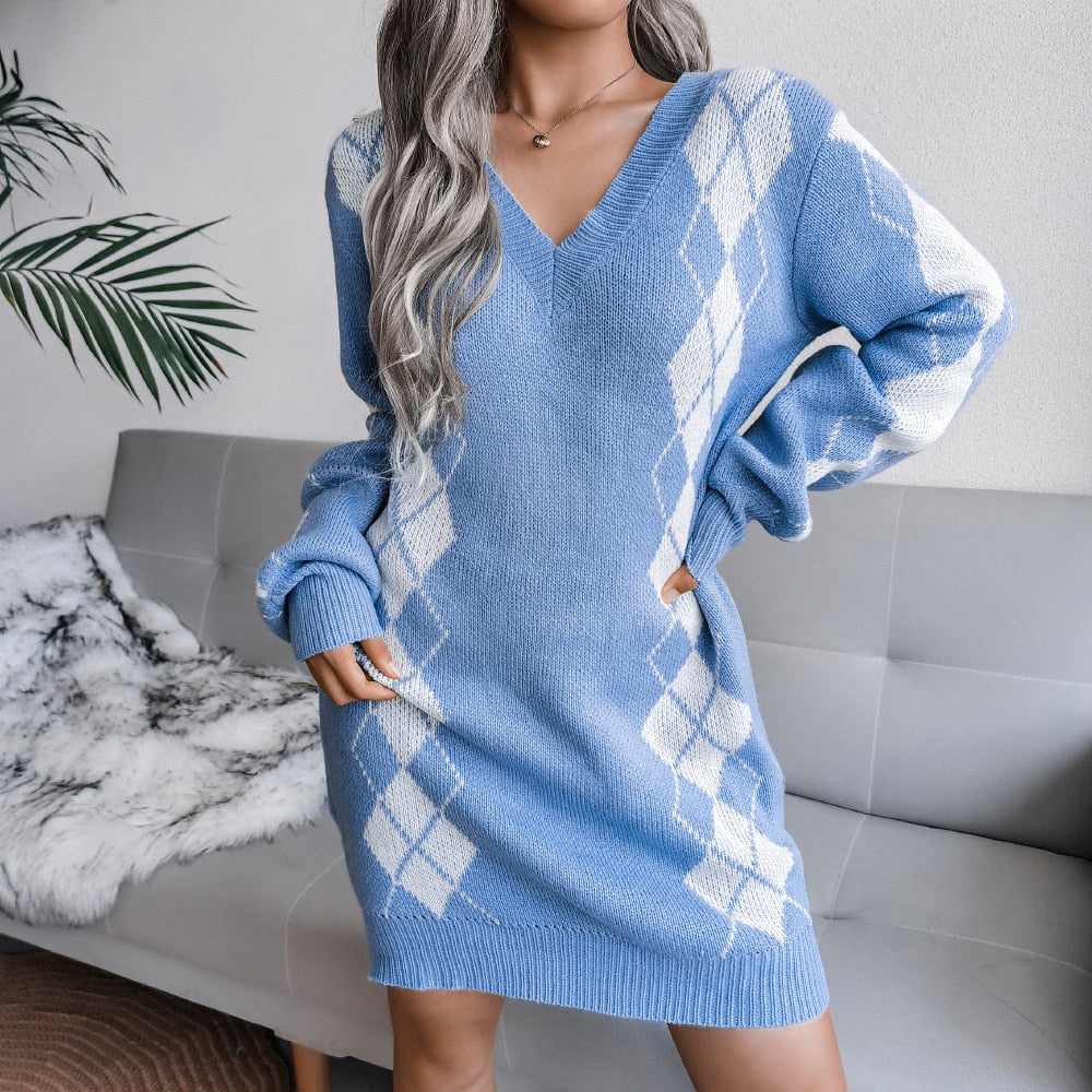 Herfst winter dames V-hals lange mouw geruite trui rok set