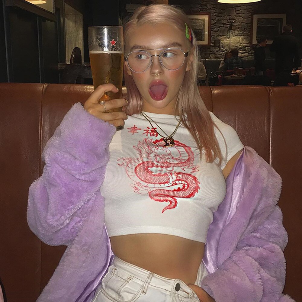 Crop-T-shirt Celie met retro drakenmotief