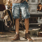Heren denim-cargo-bermuda in retro motorstijl
