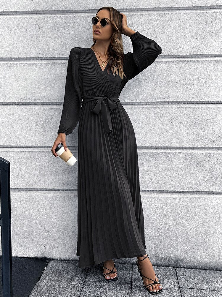 Lente zomer V-Hals geplooide maxi jurk – groot zoom ontwerp