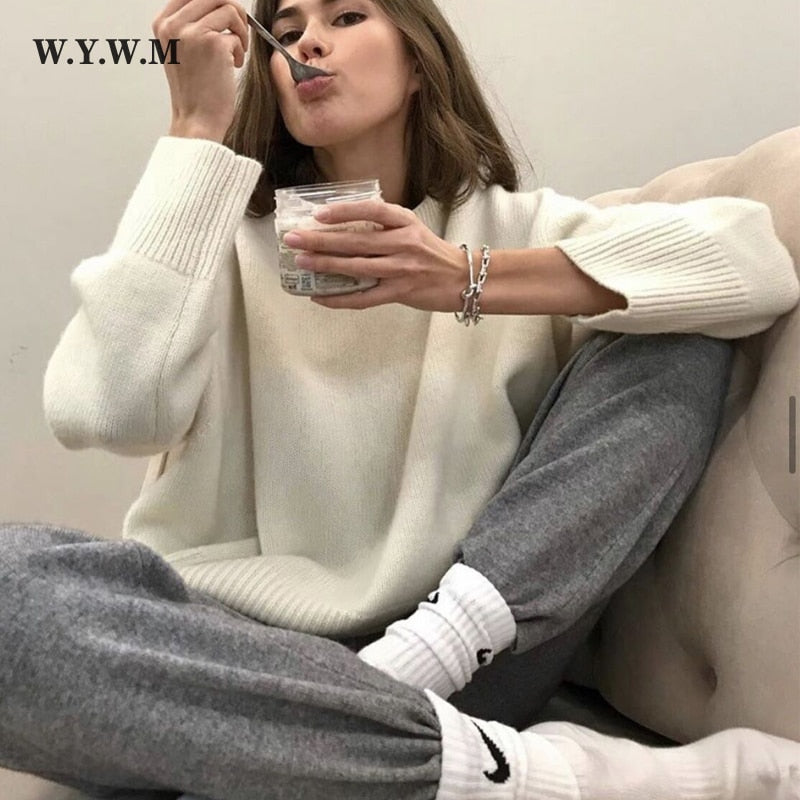 Oversized acryl damestrui WYWM met ronde hals