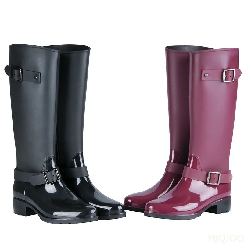 Hoge dames regenlaarzen met gespen & blokhak