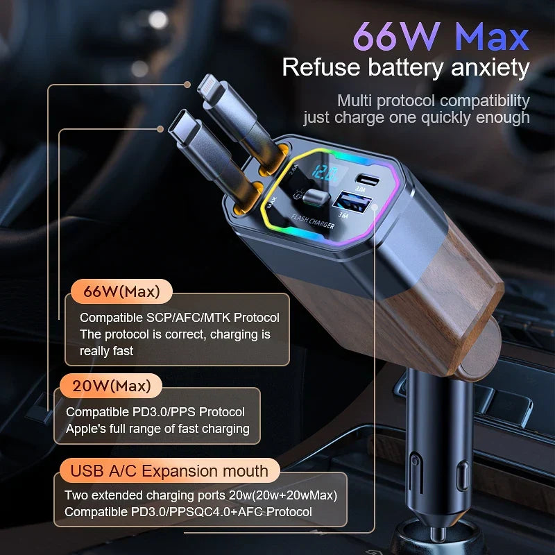 120W 4-in-1 opvouwbare auto oplader met USB-C & sigarettenaansteker adapter