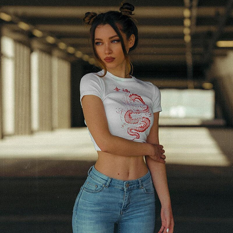 Crop-T-shirt Celie met retro drakenmotief
