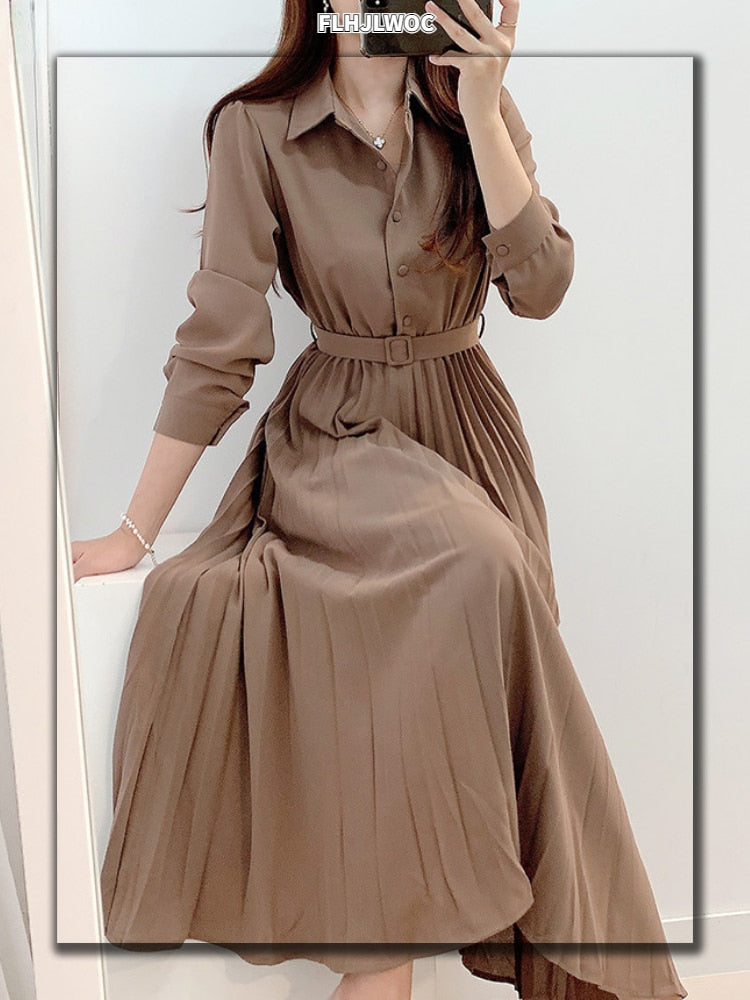 Hoge taille geplooide maxi jurk – lange mouwen met riem