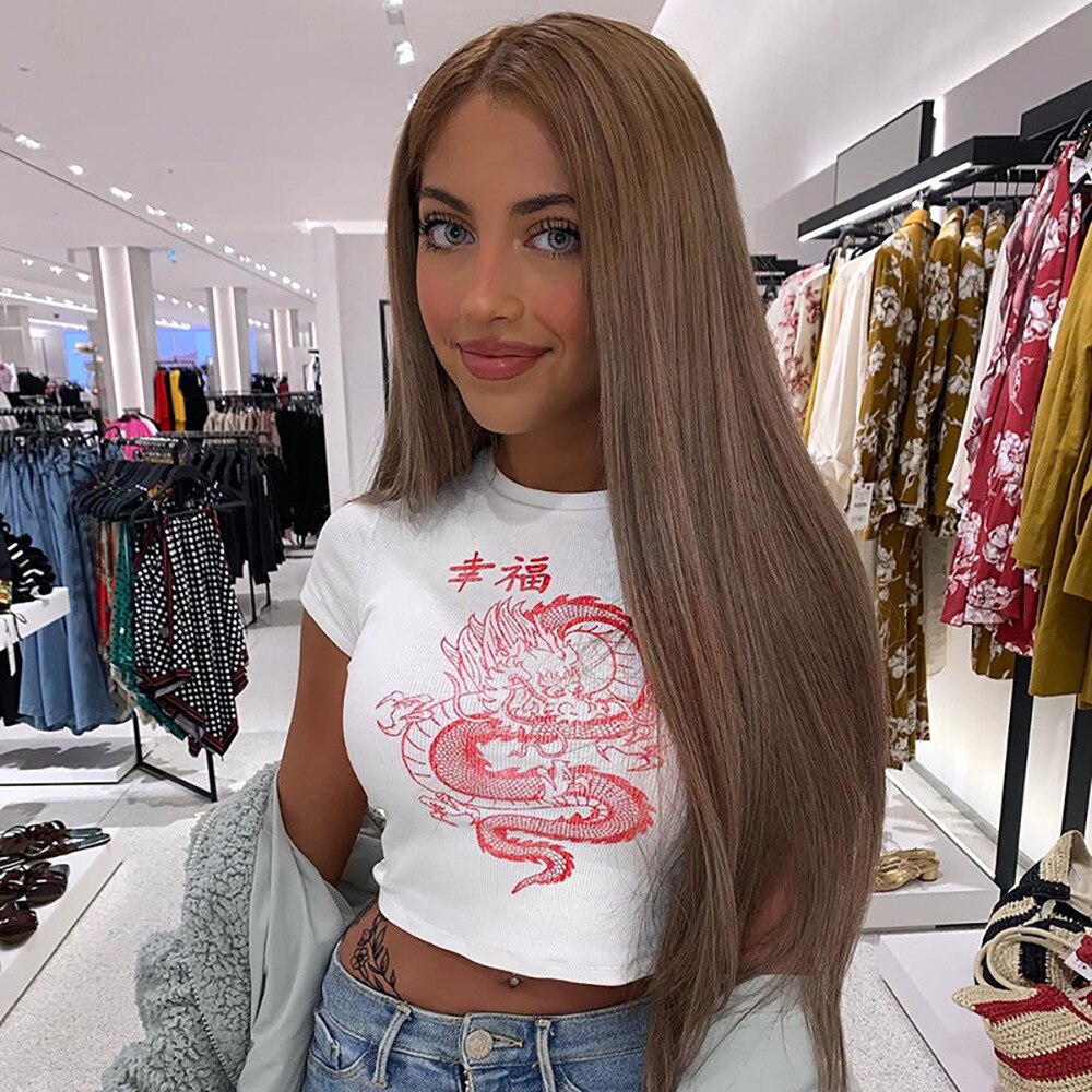 Crop-T-shirt Celie met retro drakenmotief