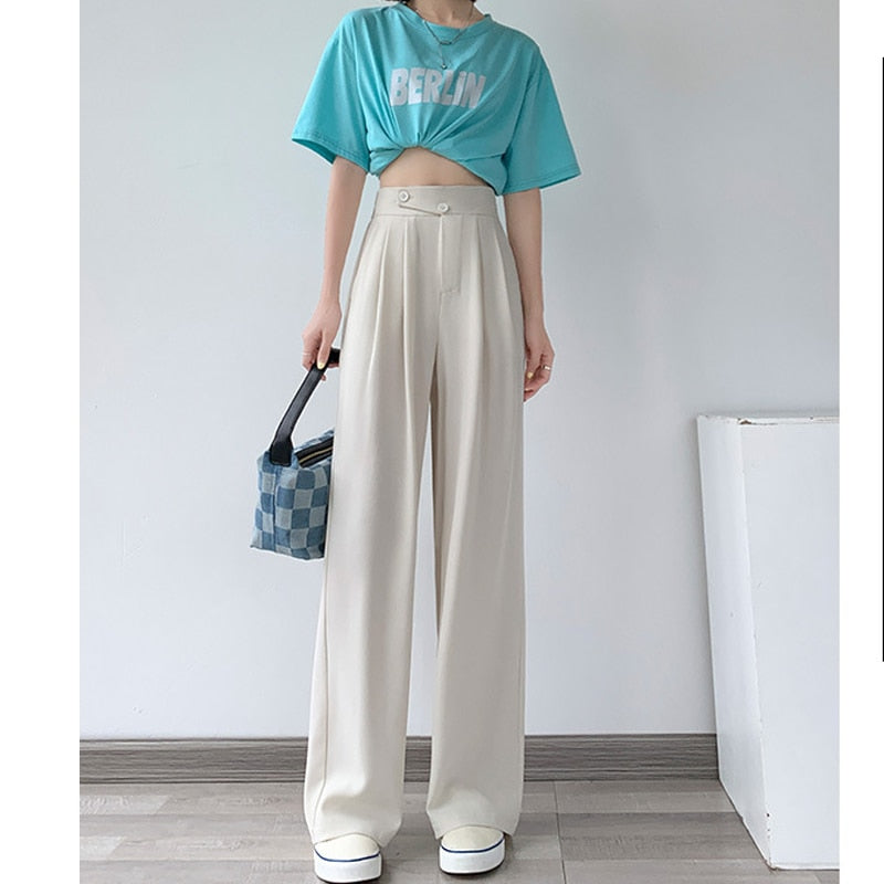 Casual hoge taille damesbroek met wijde pijpen