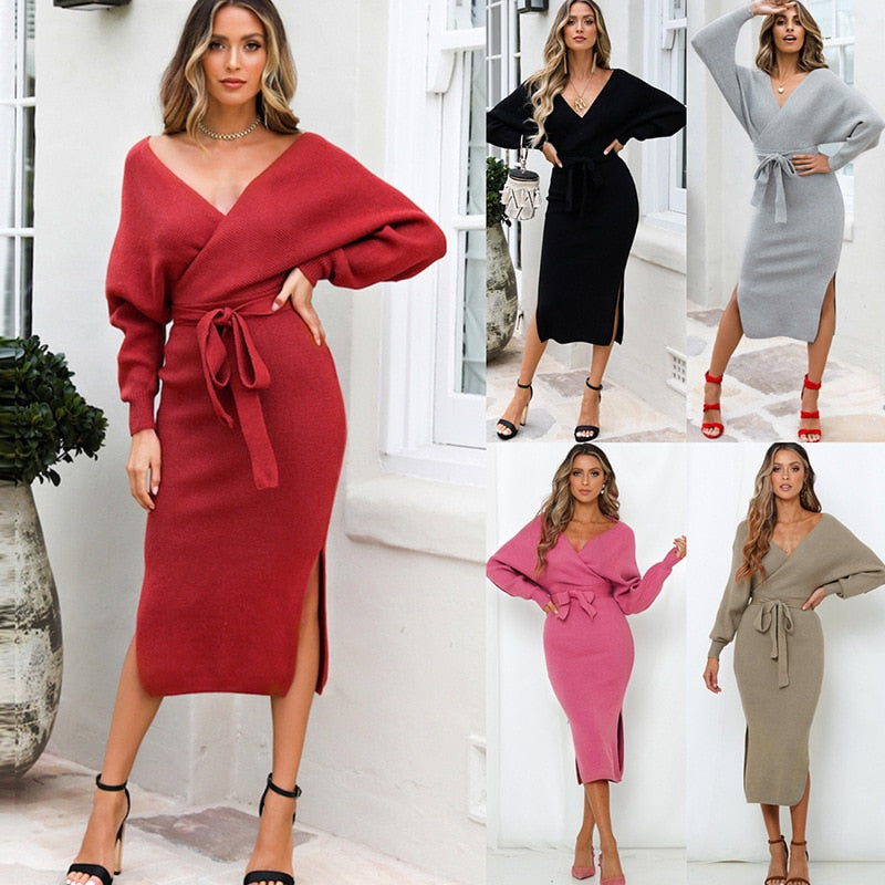 Gebreide V-Hals jurk – slim fit wol mode