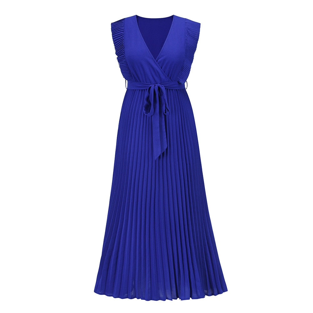 Mouwloze V-Hals zomerjurk – geplooide chiffon maxi met riem