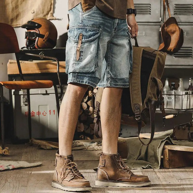 Heren denim-cargo-bermuda in retro motorstijl