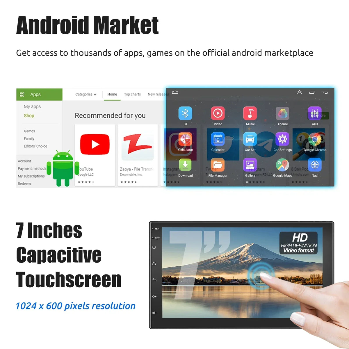 Universele android auto stereo met touchscreen, GPS en draadloze carplay
