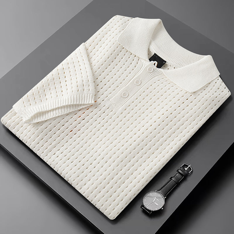Witte luchtige herenpolo met fijne knitstructuur