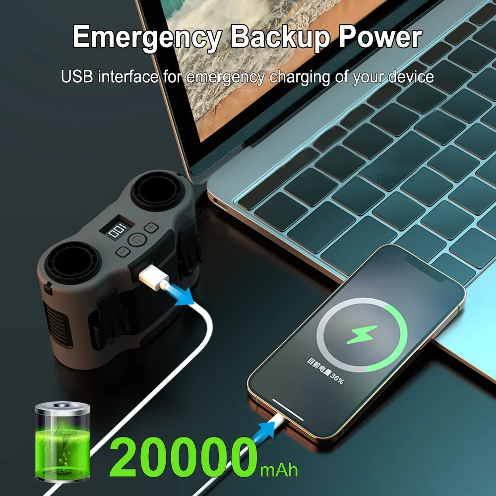 Draagbare heupclipventilator met dubbele luchtuitlaten & 20.000mAh batterij