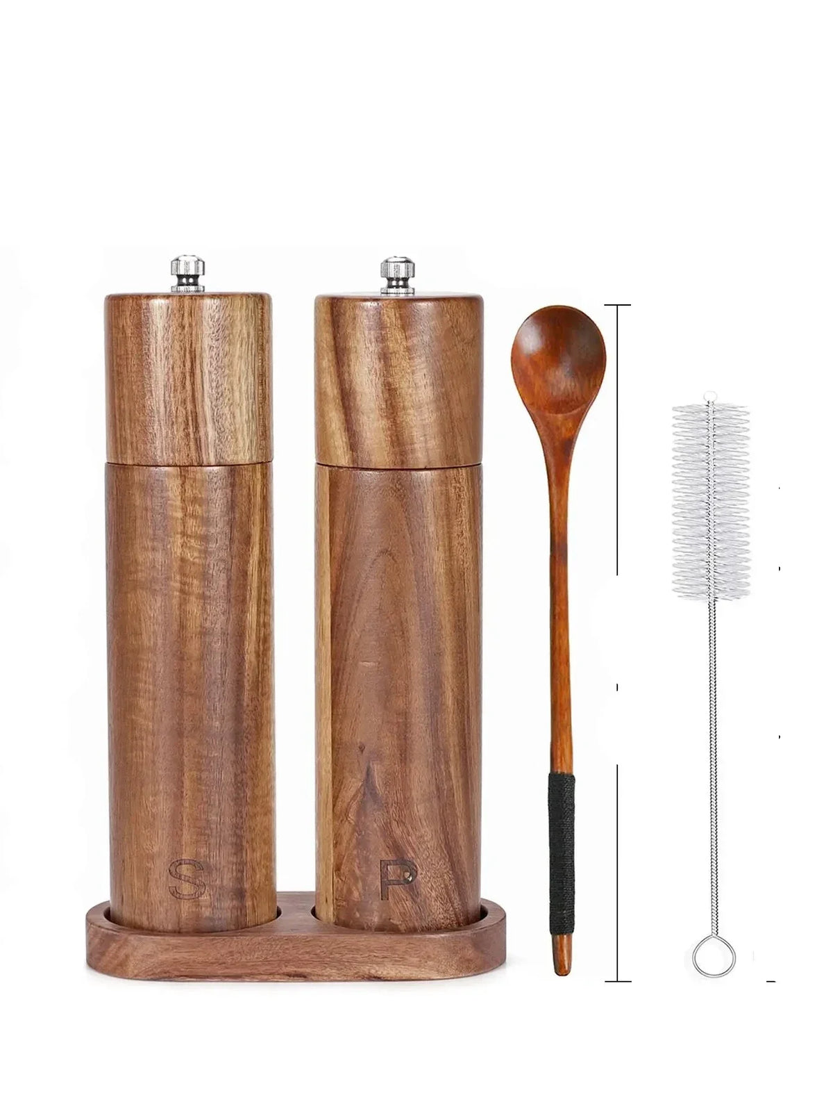 Houten zout- en pepermolenset met dienblad