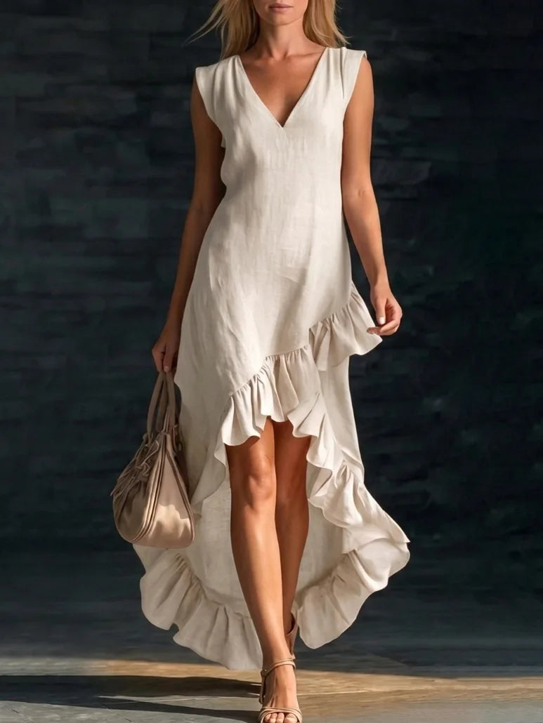 Mouwloze maxi-jurk met V-hals en asymmetrische ruchezoom