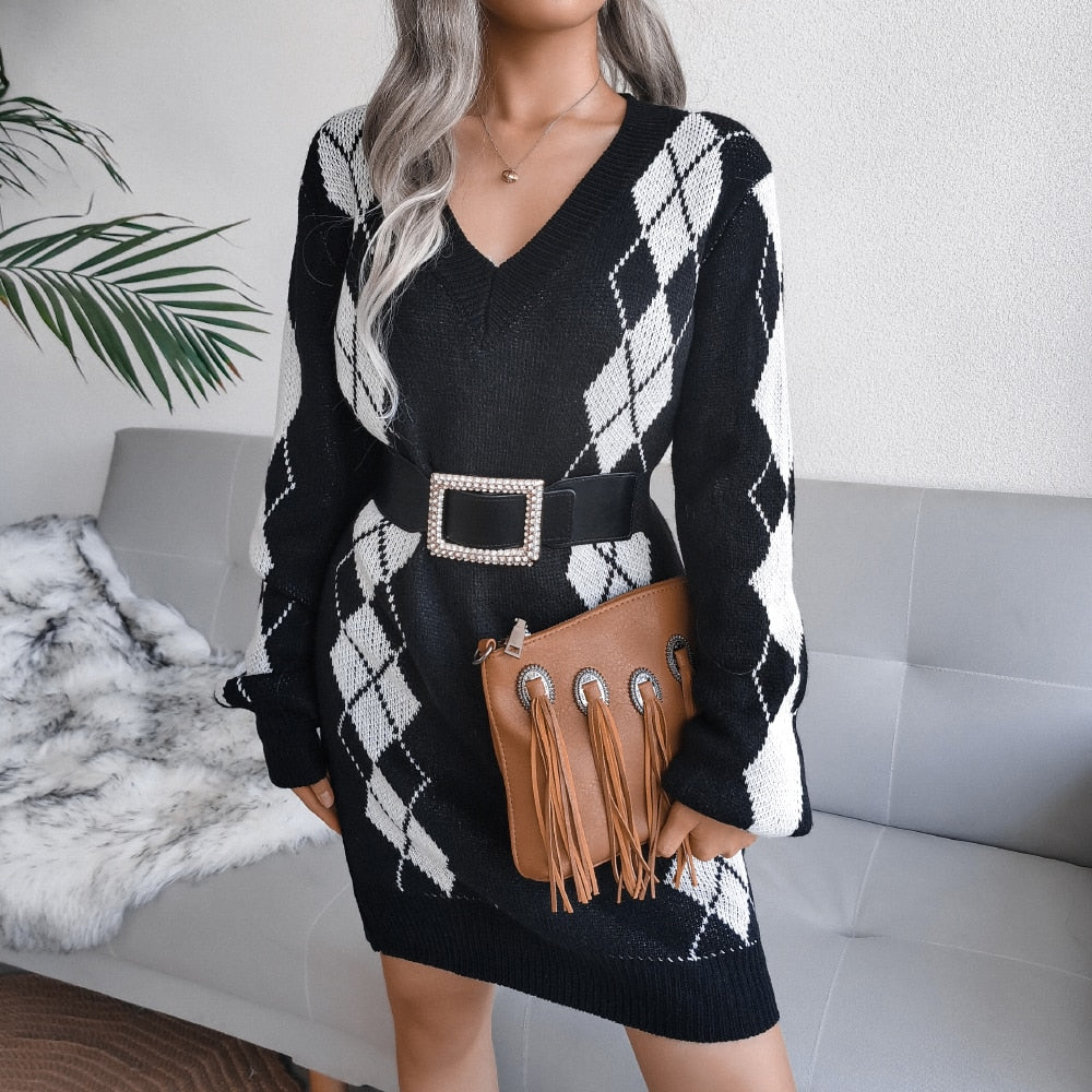 Herfst winter dames V-hals lange mouw geruite trui rok set