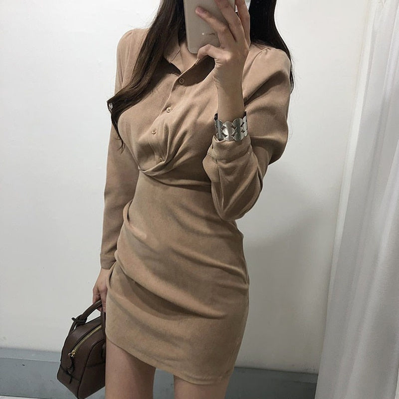 Turn down kraag enkele borst bandjurk – hoge taille plooi bodycon