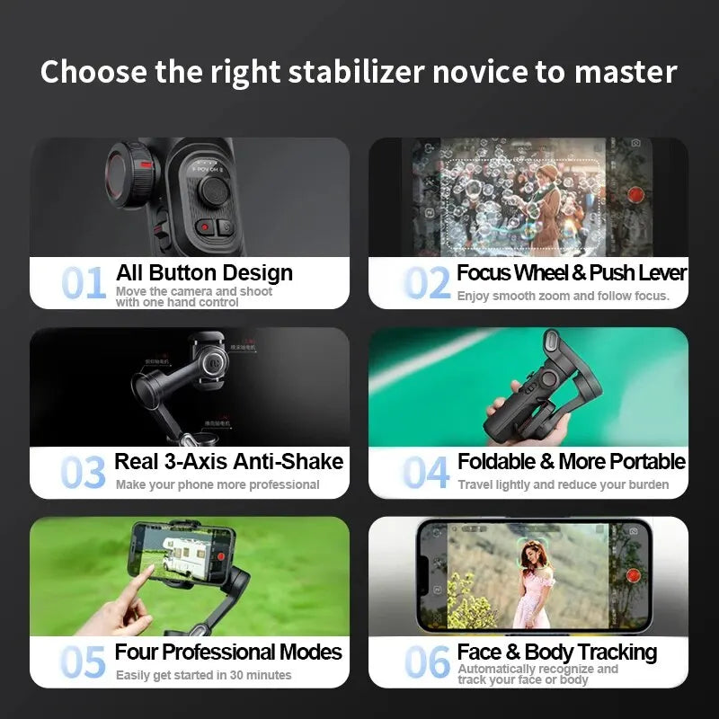 3-Assige smartphone gimbal stabilizer met AI tracking & gezichtsdetectie
