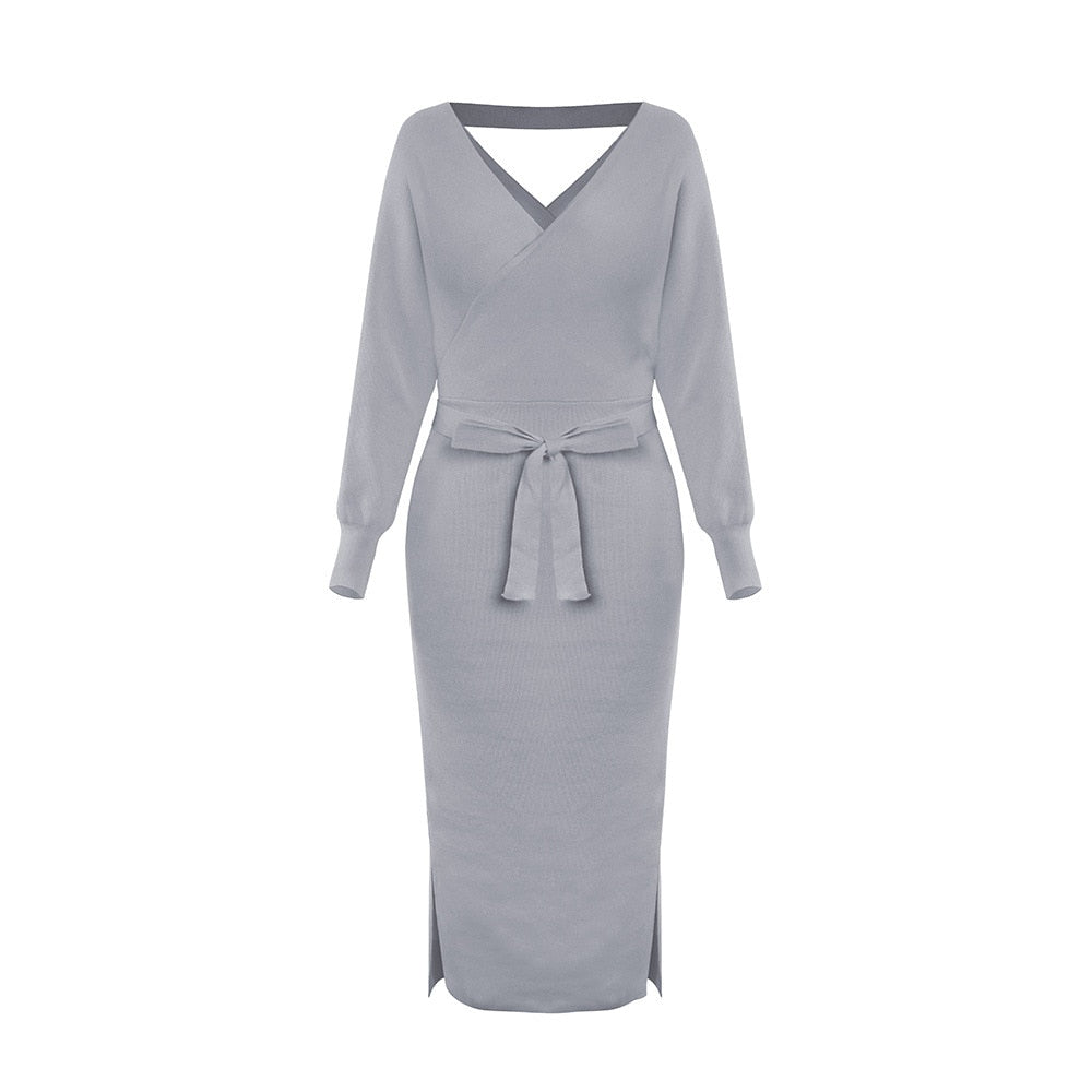 Gebreide V-Hals jurk – slim fit wol mode